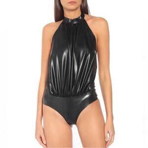 NEW Yves Saint Laurent Rive Gauche, Black Open Back Bodysuit, Faux Leather Large